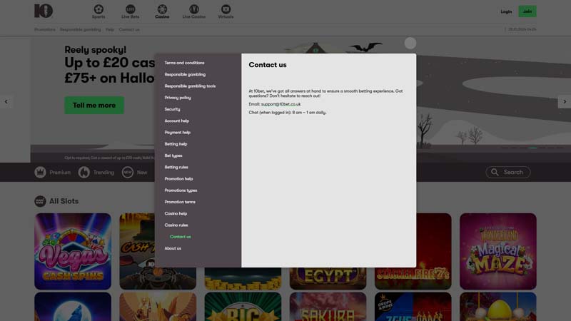 10bet-casino support screenshot