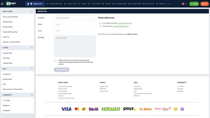 20bet support screenshot
