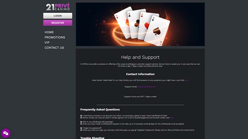 21-prive-casino support screenshot