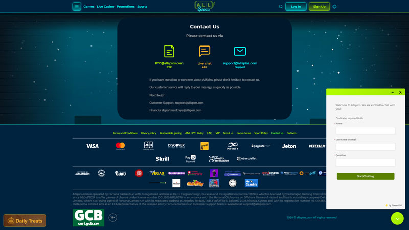 allspins support screenshot