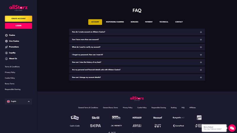 allstarzcasino support screenshot