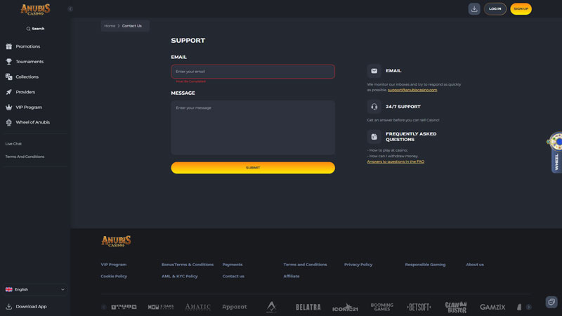 anubis-casino support screenshot