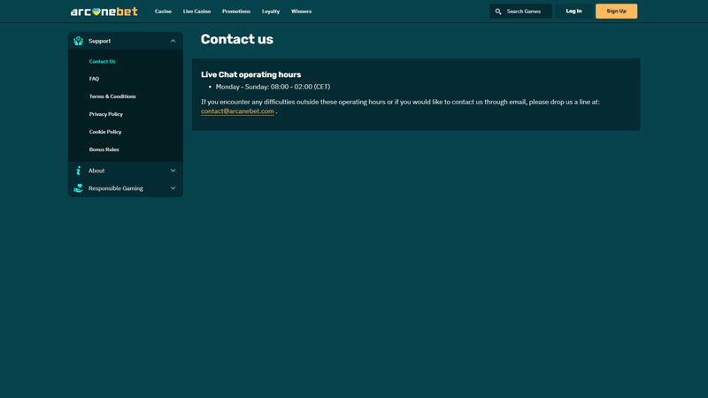 arcanebet support screenshot