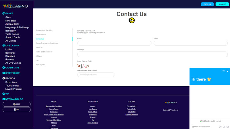 art-casino support screenshot