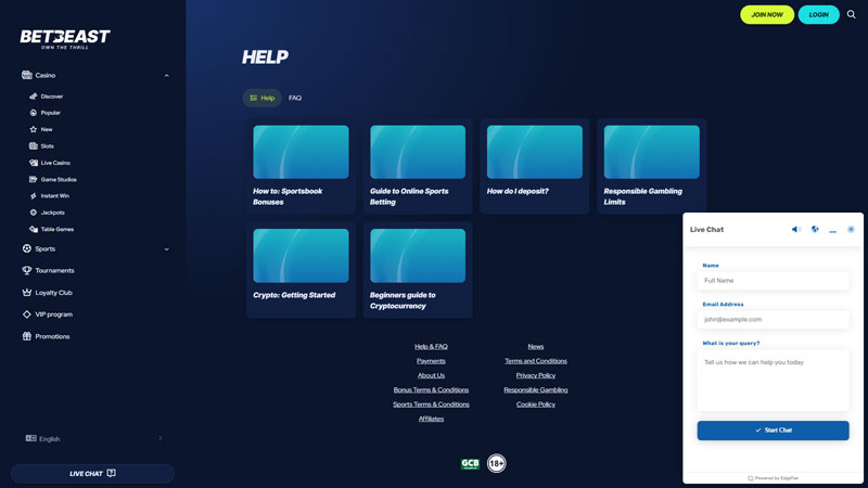betbeast support screenshot