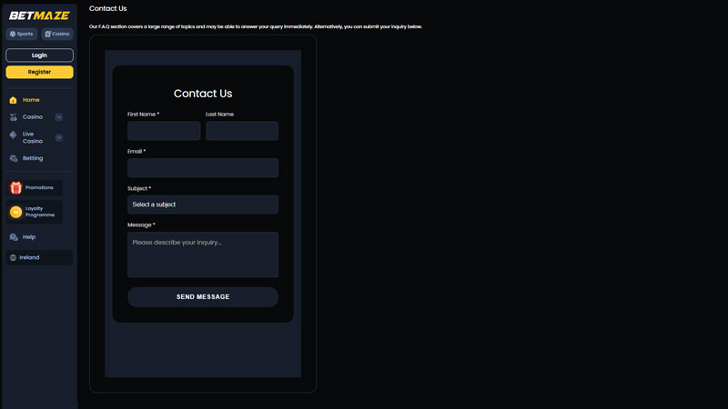 betmaze support screenshot