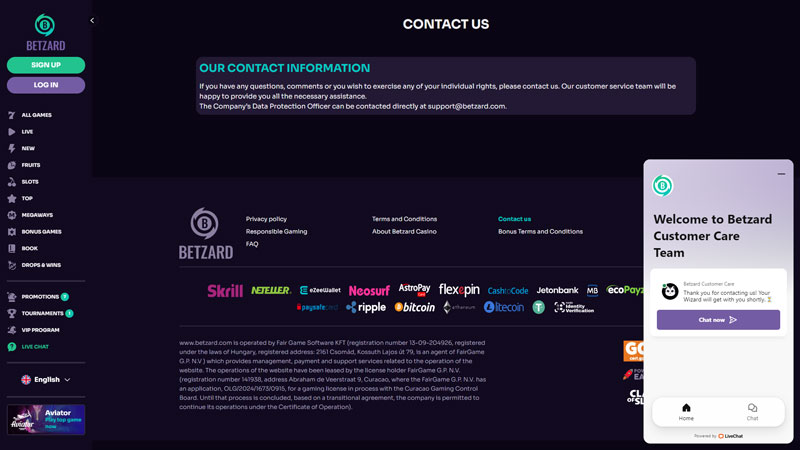 betzard support screenshot