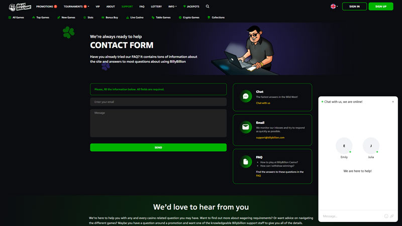 billy-billion support screenshot