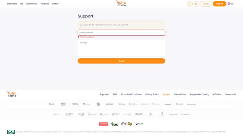 boho-casino support screenshot