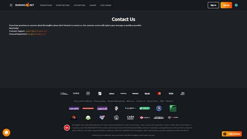 burningbet support screenshot