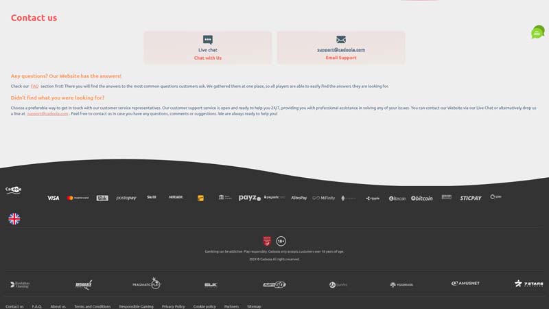 cadoola-casino support screenshot