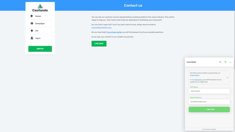 casilando-casino support screenshot