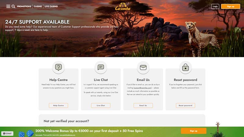 casimba-casino support screenshot