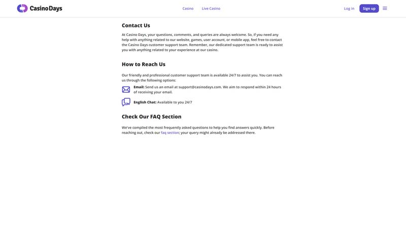 casino-days support screenshot