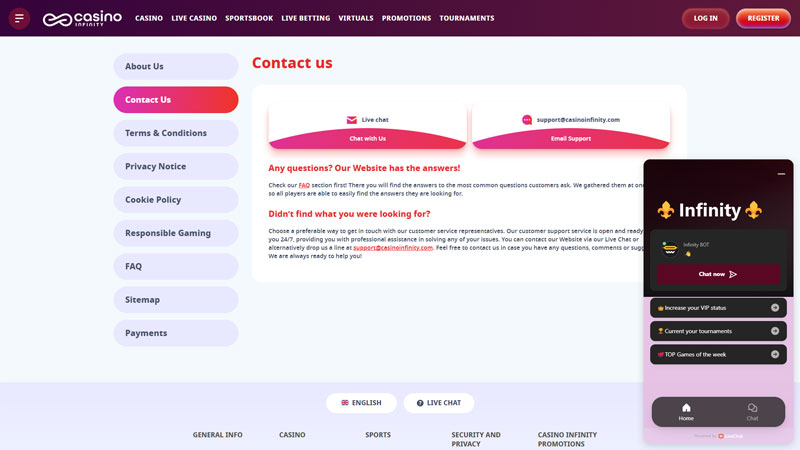 casino-infinity support screenshot