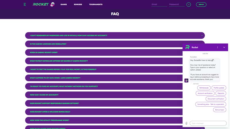 casino-rocket support screenshot