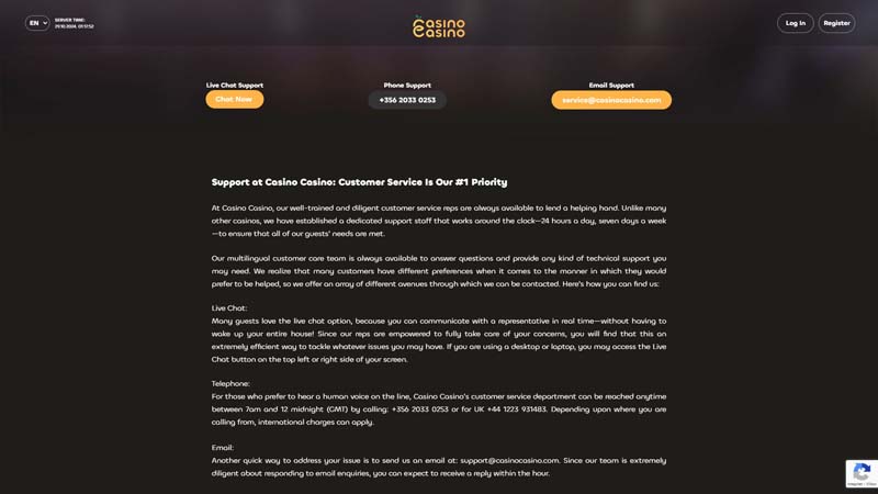 casinocasino support screenshot