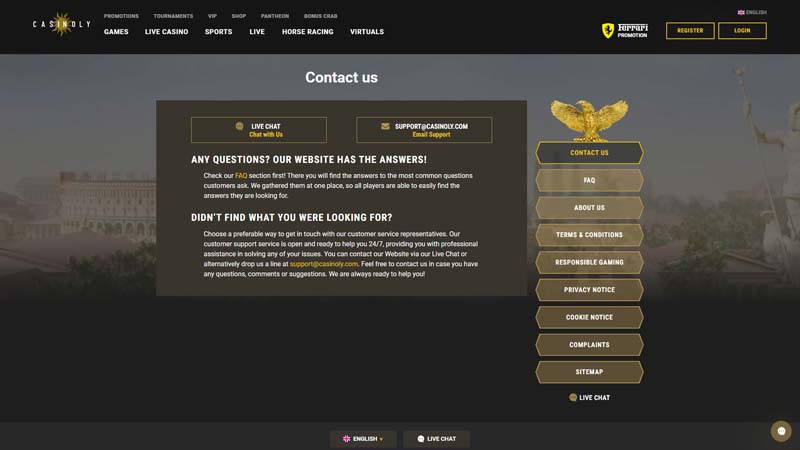 casinoly support screenshot