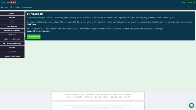 casinomax support screenshot