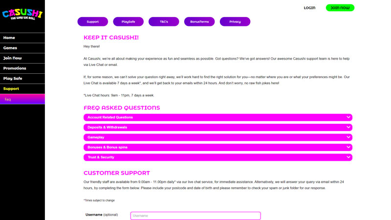 casushi support screenshot