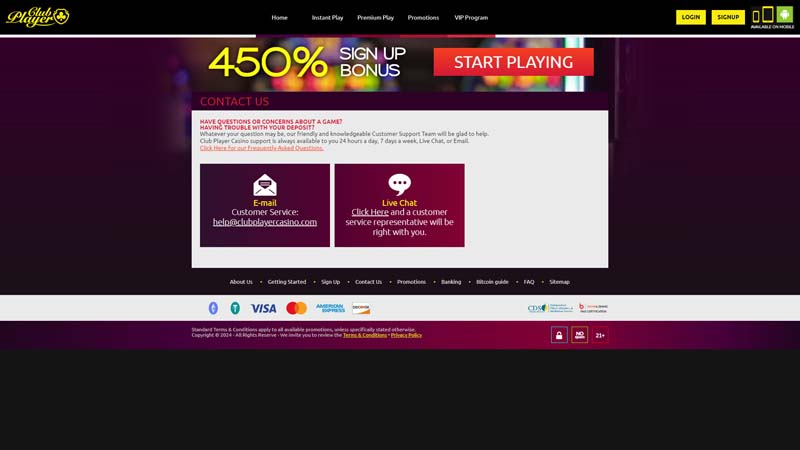 club-player-casino support screenshot