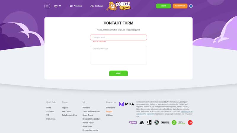 cookie-casino support screenshot