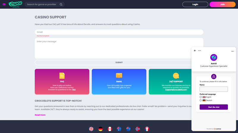 crocoslots support screenshot