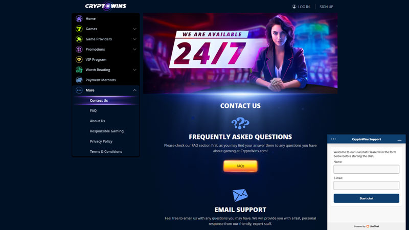 cryptowins support screenshot