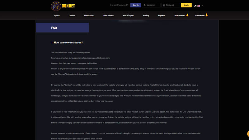 donbet support screenshot