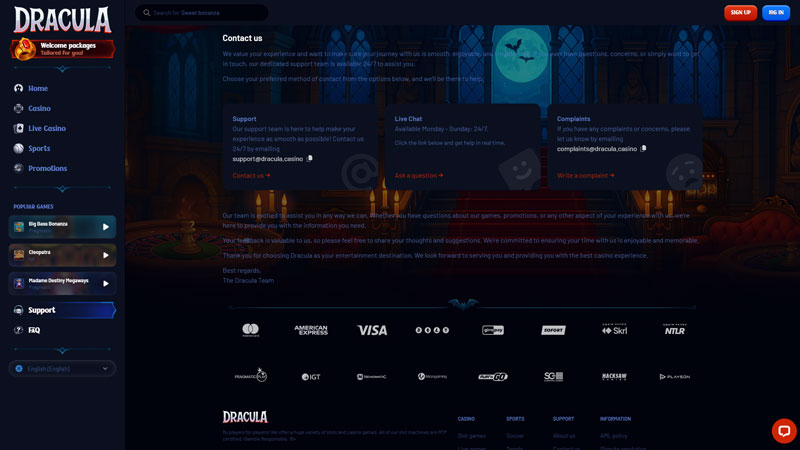 dracula support screenshot