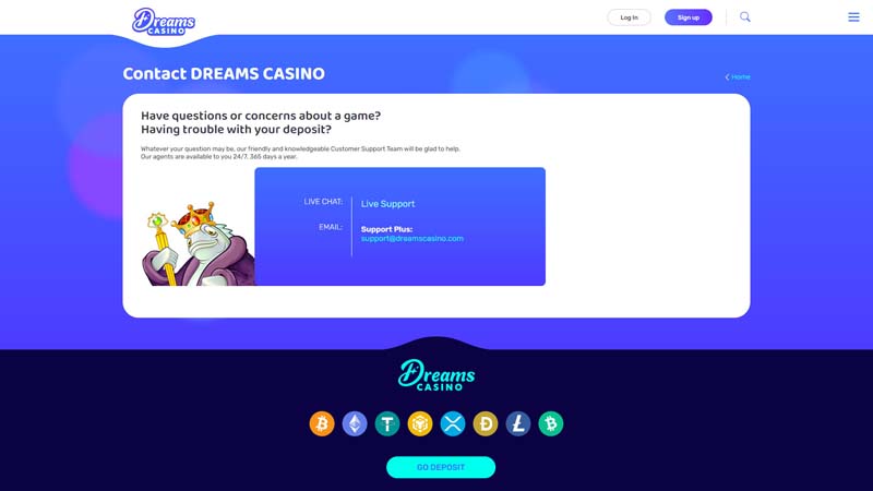 dreams-casino support screenshot