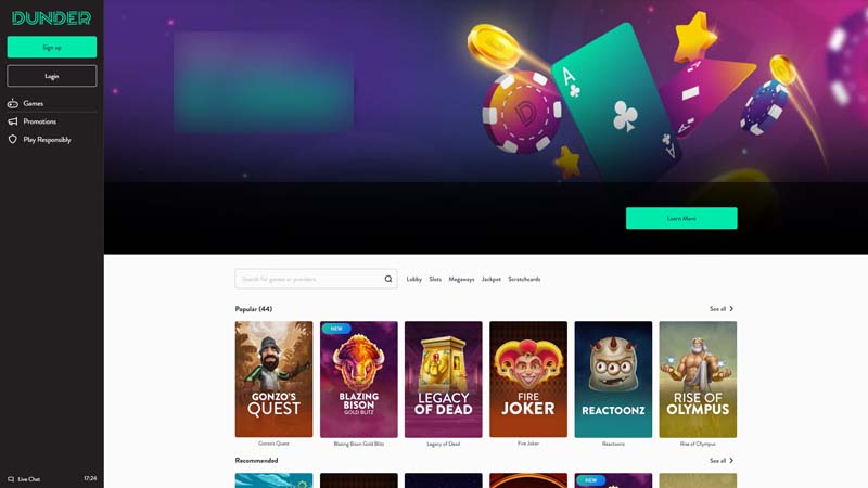 dunder-casino lobby screenshot