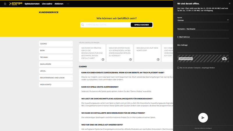 energiekasino support screenshot