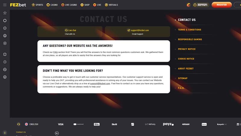 fezbet support screenshot