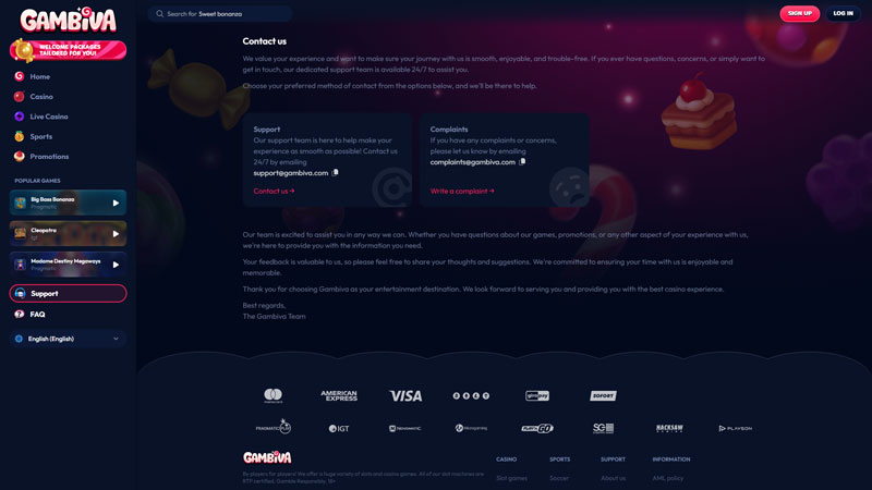 gambiva support screenshot