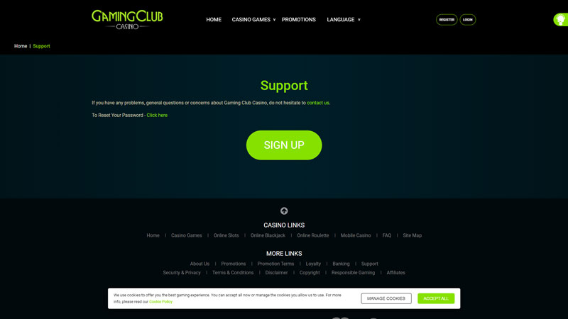 gaming-club-casino support screenshot