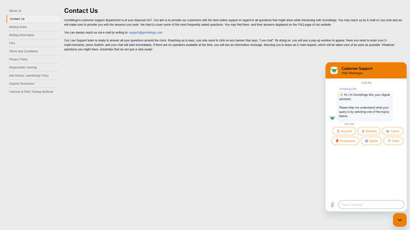 gomblingo support screenshot