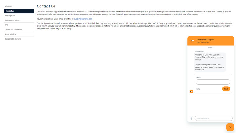 grandwin support screenshot