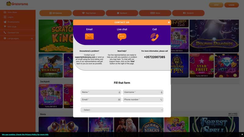 gratorama-casino support screenshot