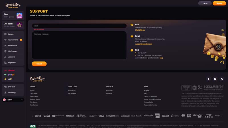 gunsbet-casino support screenshot