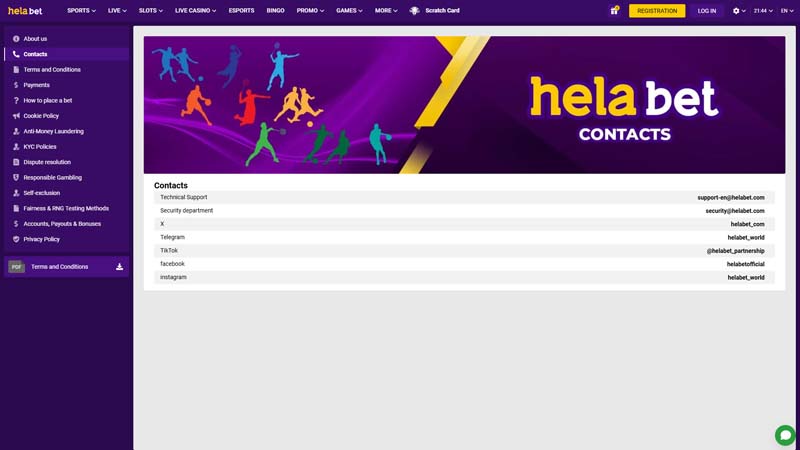 helabet support screenshot
