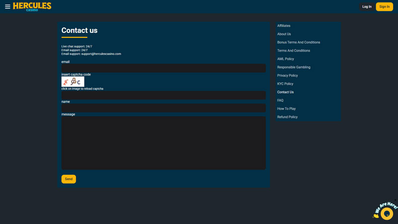 hercules-casino support screenshot