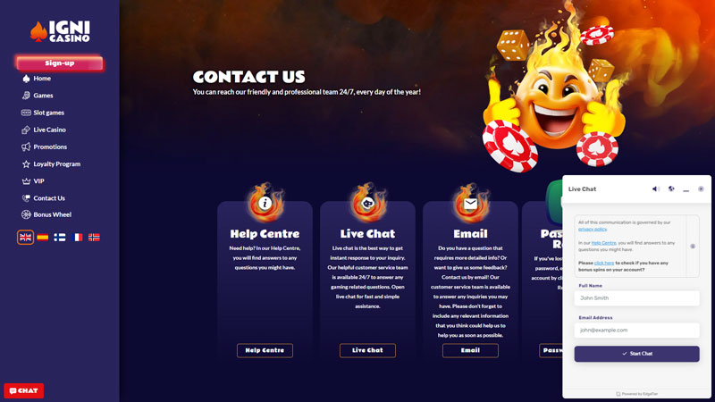 igni-casino support screenshot