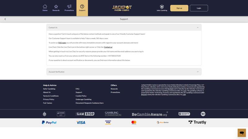 jackpot-mobile-casino support screenshot