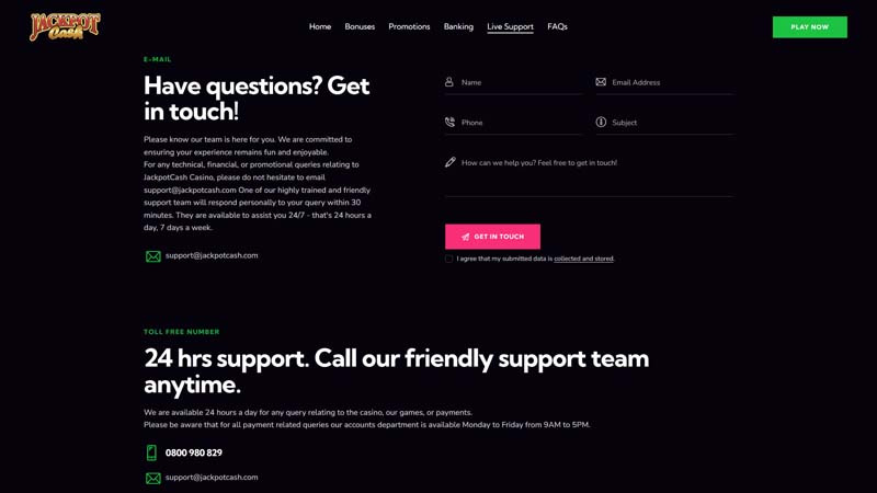 jackpotcash support screenshot