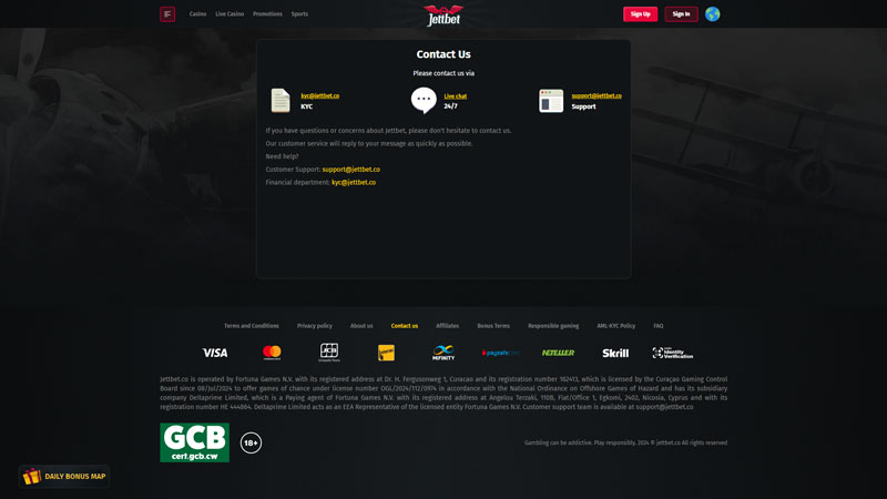 jettbet support screenshot
