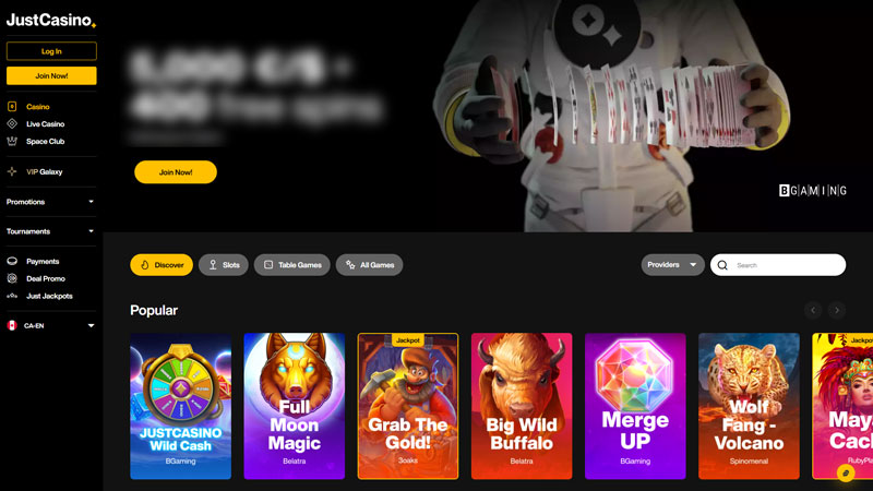 justcasino lobby screenshot