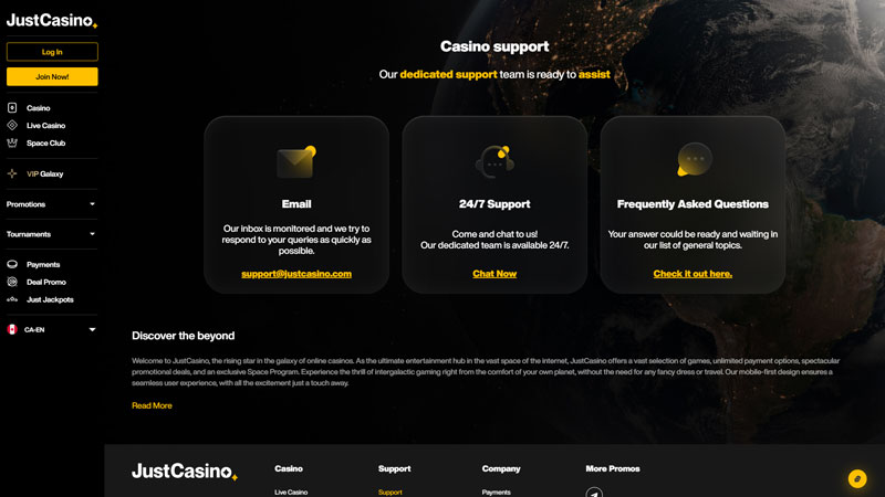 justcasino support screenshot