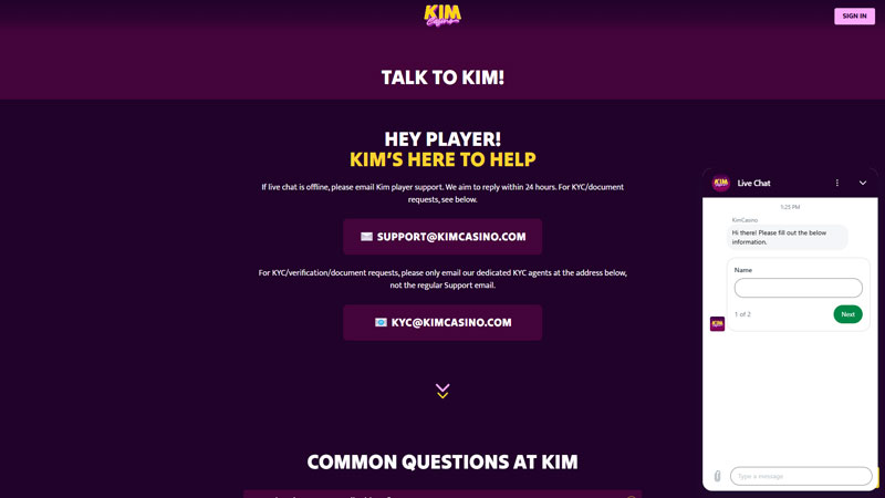 kim-casino support screenshot