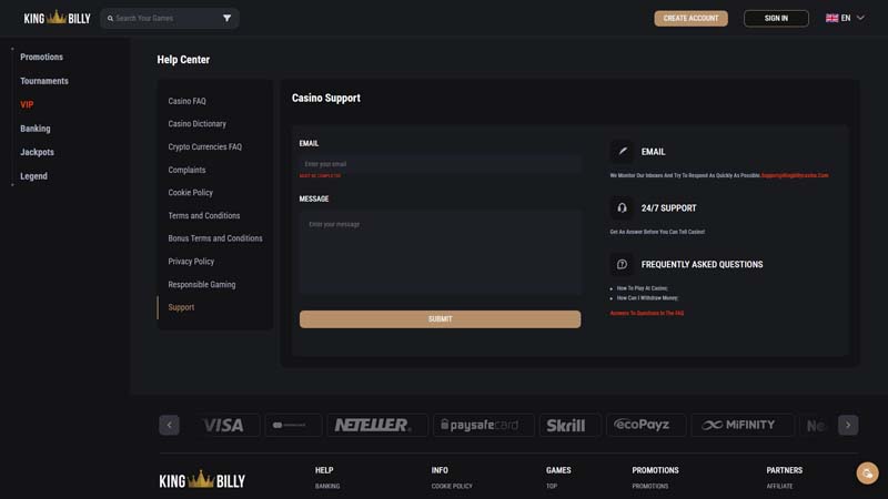 king-billy-casino support screenshot